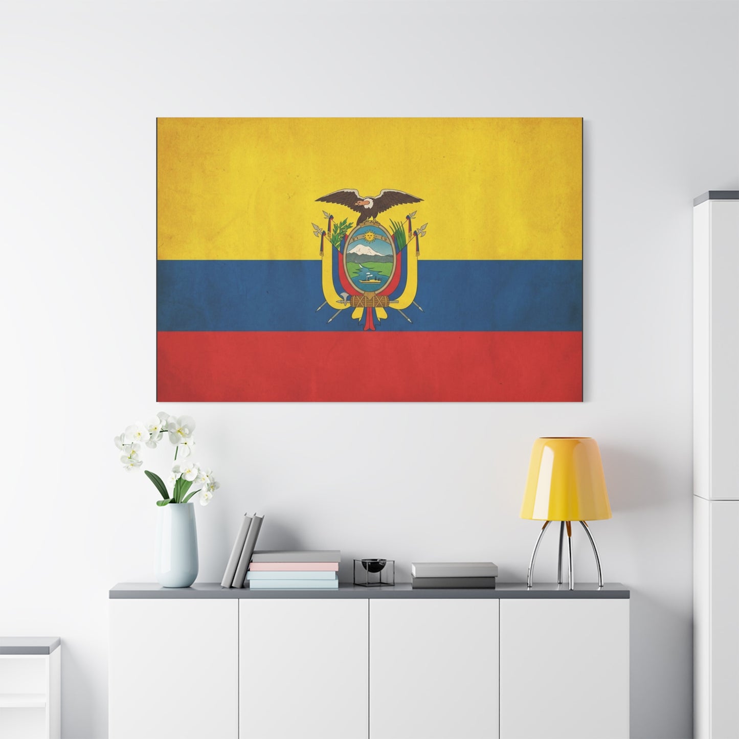 Ecuador Flag Canvas Wall Art - Vintage National Banner Print, Yellow Blue Red Tricolor With Coat Of Arms - Traditional Patriotic Decor - Living Room Home Decoration, Office Accent - Office Wall Art