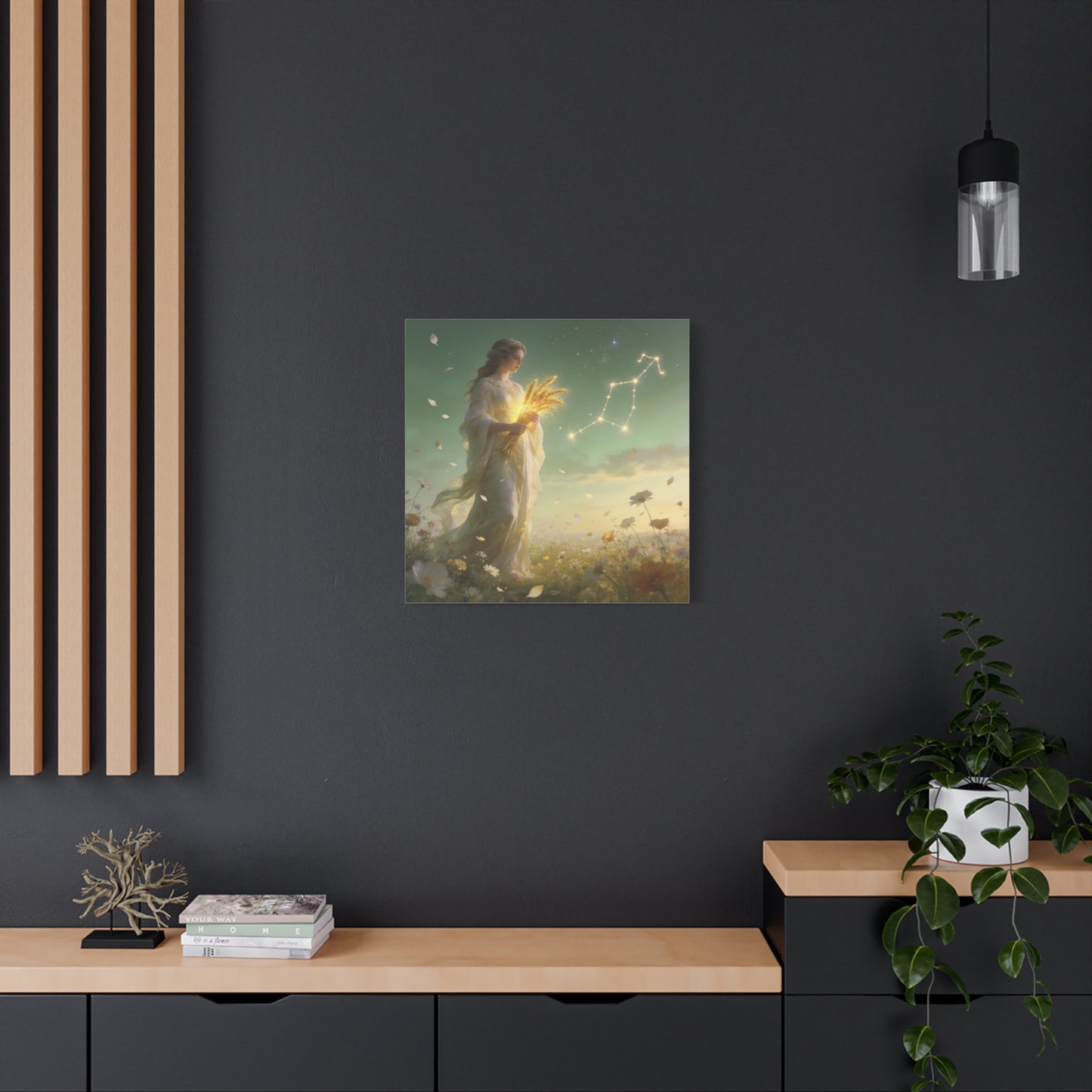 Virgo Maiden Canvas Wall Art - Celestial Wheat Goddess Illustration, Luminous Zodiac Sky, Matte Cotton Print, Bohemian Bedroom Decor, Meditation Space Accent, Ready To Hang - Living Room Wall Decor