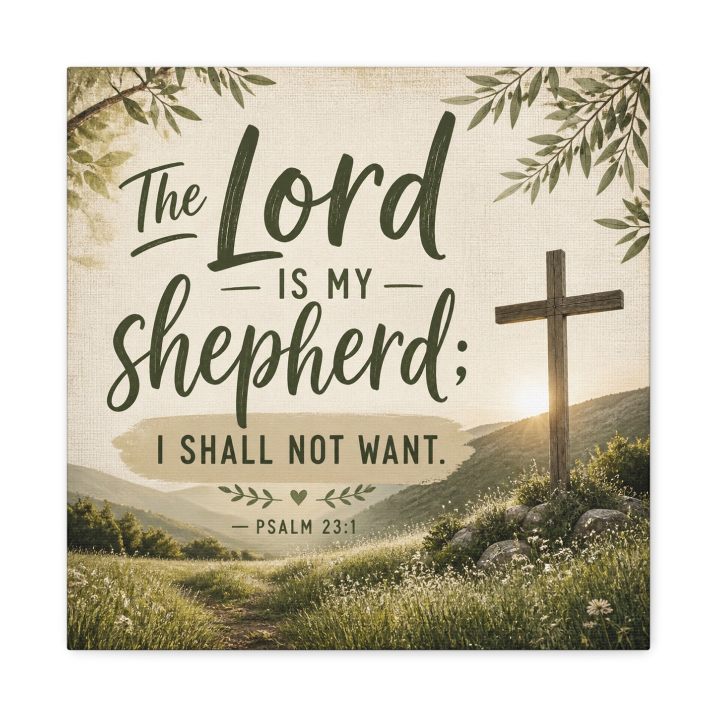 "The Lord Is My Shepherd, I Shall Not Want. - Psalm 23:1" Christian Canvas Wall Art - Rustic Cross Meadow Landscape, Farmhouse Scripture Decor, Bedroom Living Room Wall Hanging - Ready to Hang