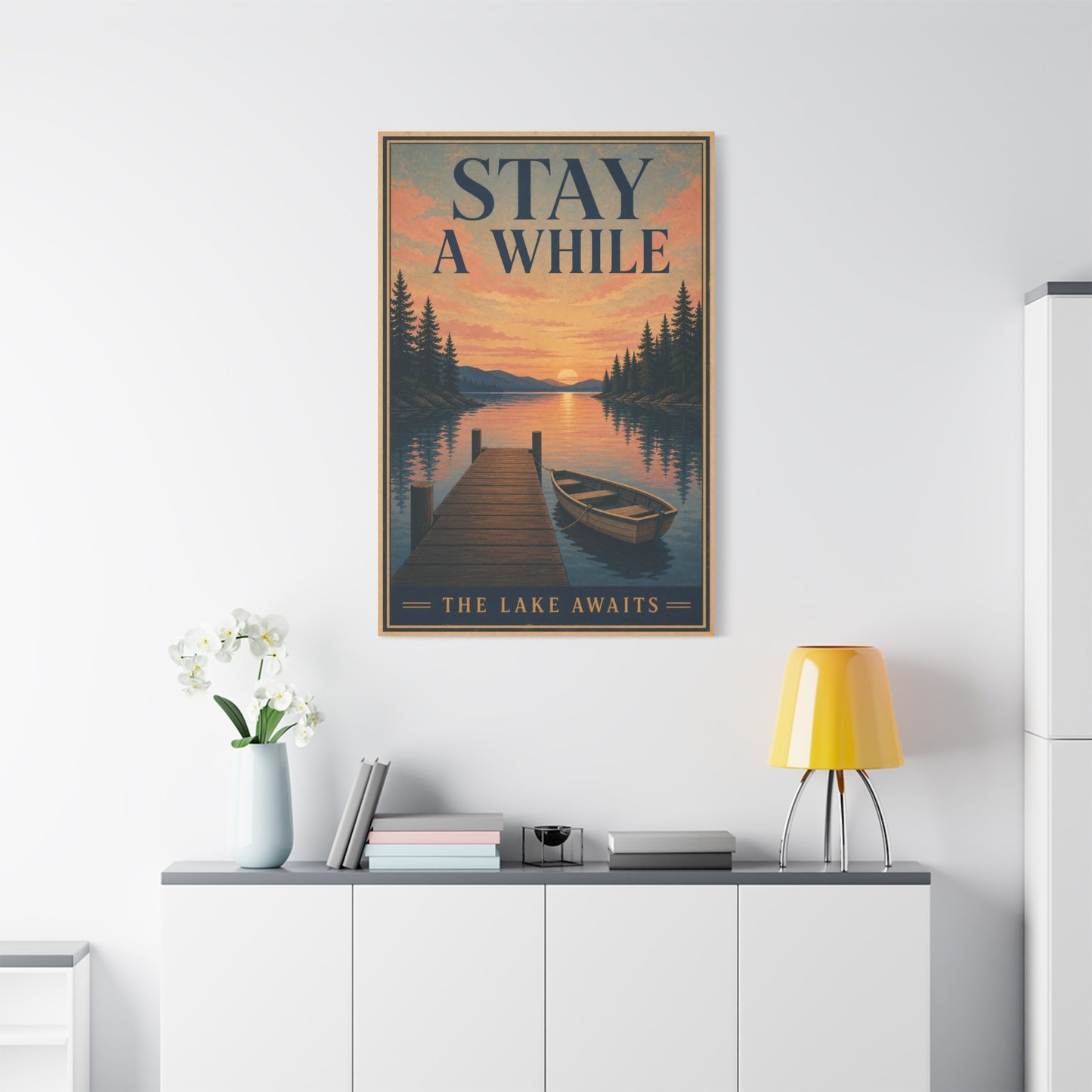 "Stay A While The Lake Awaits" Lake Sunset Canvas Wall Art - Vintage Dock And Rowboat Landscape Print, Rustic Cabin Decor, Bedroom Home Decoration, Entryway Accent - Office Wall Art - Ready to Hang