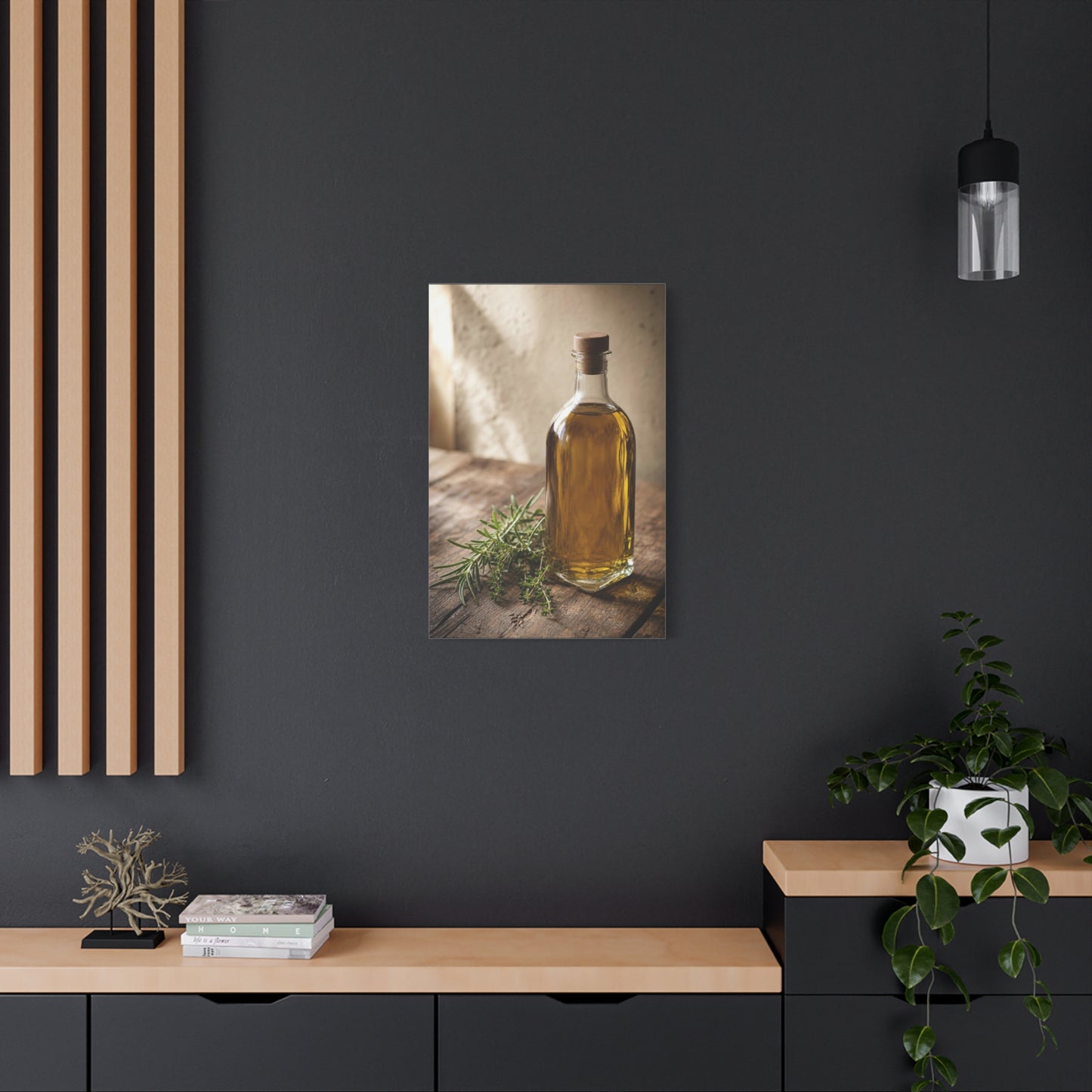 Olive Oil Bottle Canvas Wall Art - Rustic Kitchen Still Life, Rosemary Herb Art Print - Warm Neutral Farmhouse Style - Dining Room Wall Decor, Pantry Home Accent - Bedroom Home Decoration