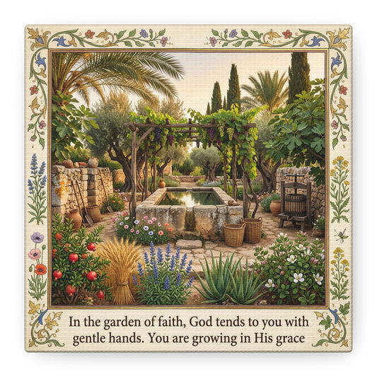 "In The Garden Of Faith, God Tends To You" Canvas Wall Art - Biblical Garden Scripture Print, Floral Border, Rustic Mediterranean Courtyard Scene - Christian Home Decor For Living Room - Ready to Hang