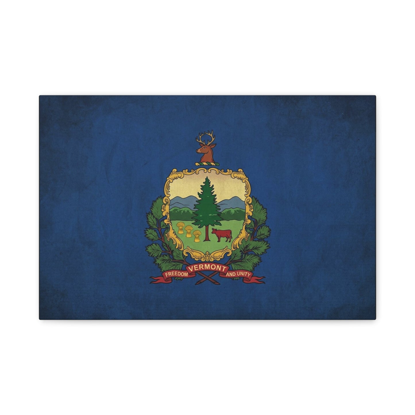 "VERMONT" State Flag Canvas Wall Art - Freedom And Unity Deer Crest Print - Vintage Blue Banner, Rustic Americana Style - Living Room Wall Decor, Office Decoration - Ready to Hang - Ready to Hang