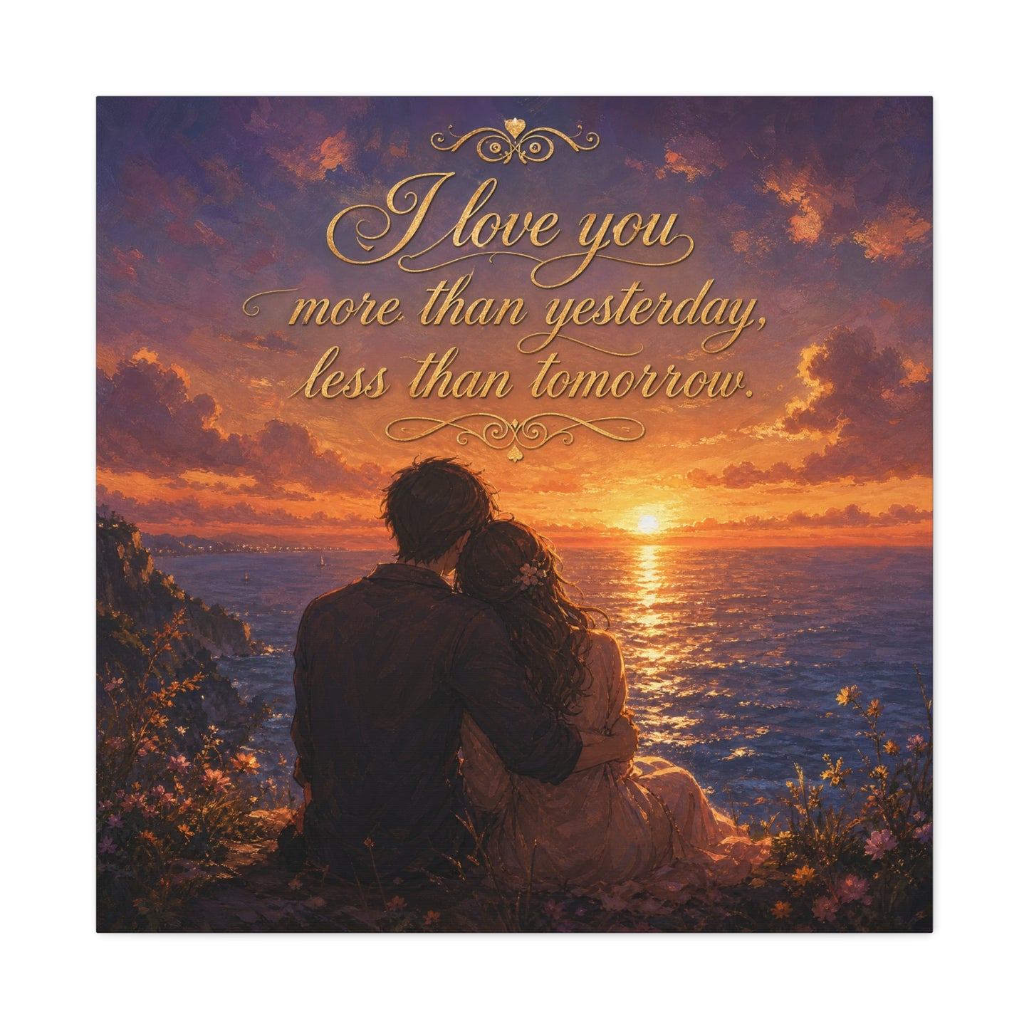 "I Love You More Than Yesterday, Less Than Tomorrow." Love Quote Canvas Wall Art - Romantic Sunset Ocean Couple Silhouette - Gold Script Seascape - Bedroom Wall Decor - Ready to Hang - Ready to Hang