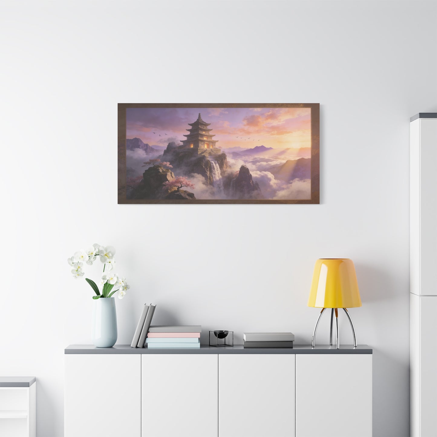 Mountain Pagoda Canvas Wall Art - Misty Sunrise Temple, Waterfall And Cherry Blossoms - Framed Landscape Print, Serene Traditional Style - Living Room Wall Decor, Bedroom Decoration - Ready to Hang