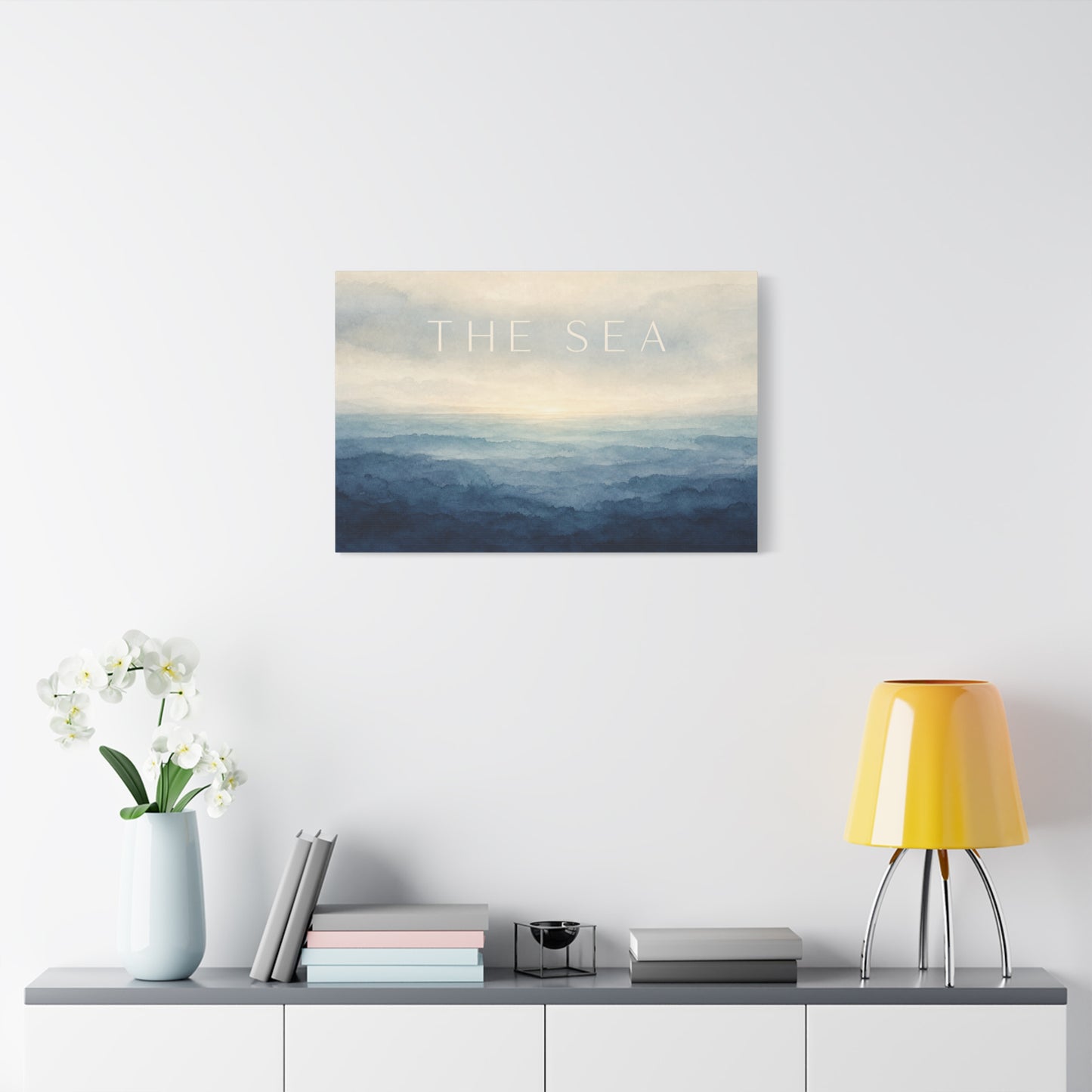 "The Sea" Coastal Canvas Wall Art - Blue Ocean Horizon Watercolor Typography Print - Serene Minimalist Seascape Decor - Bedroom Wall Hanging, Living Room Home Decoration, Meditation Space