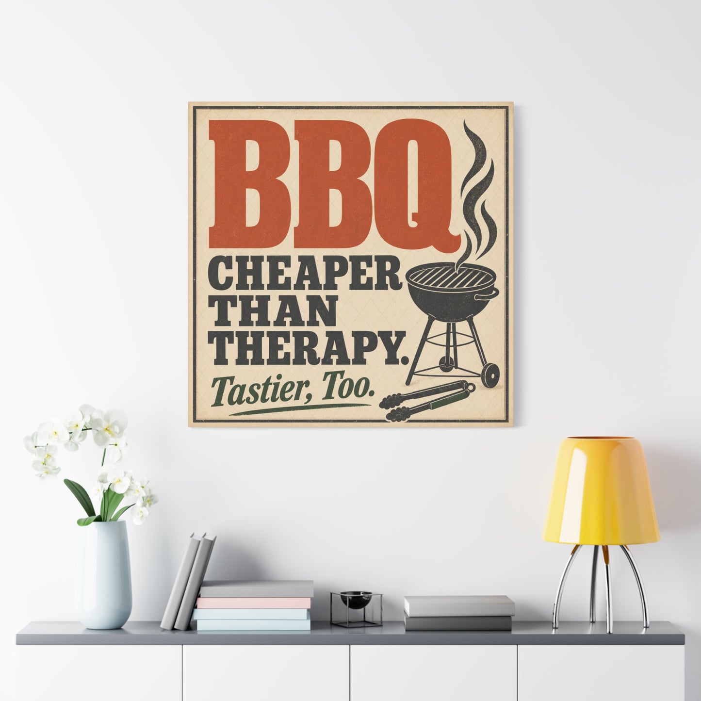 "BBQ Cheaper Than Therapy. Tastier, Too." Canvas Wall Art - Vintage Grill Quote Kitchen Decor - Rustic Typography Print, Farmhouse Barbecue Sign - Modern Farmhouse Style - Living Room Wall Decor