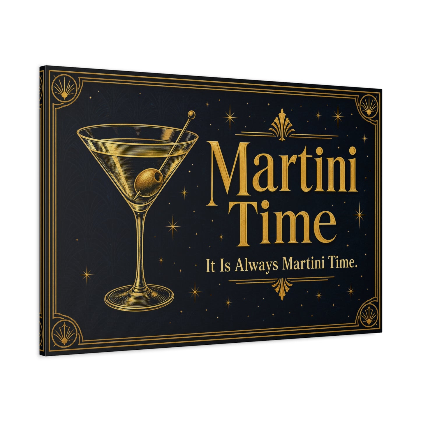 "Martini Time" Cocktail Canvas Wall Art - Art Deco Martini Glass Quote Print, Black And Gold Bar Cart Decor, Vintage Lounge Style - Ready to Hang - Ready to Hang - Tavern Wall Decor - HP Latex Print