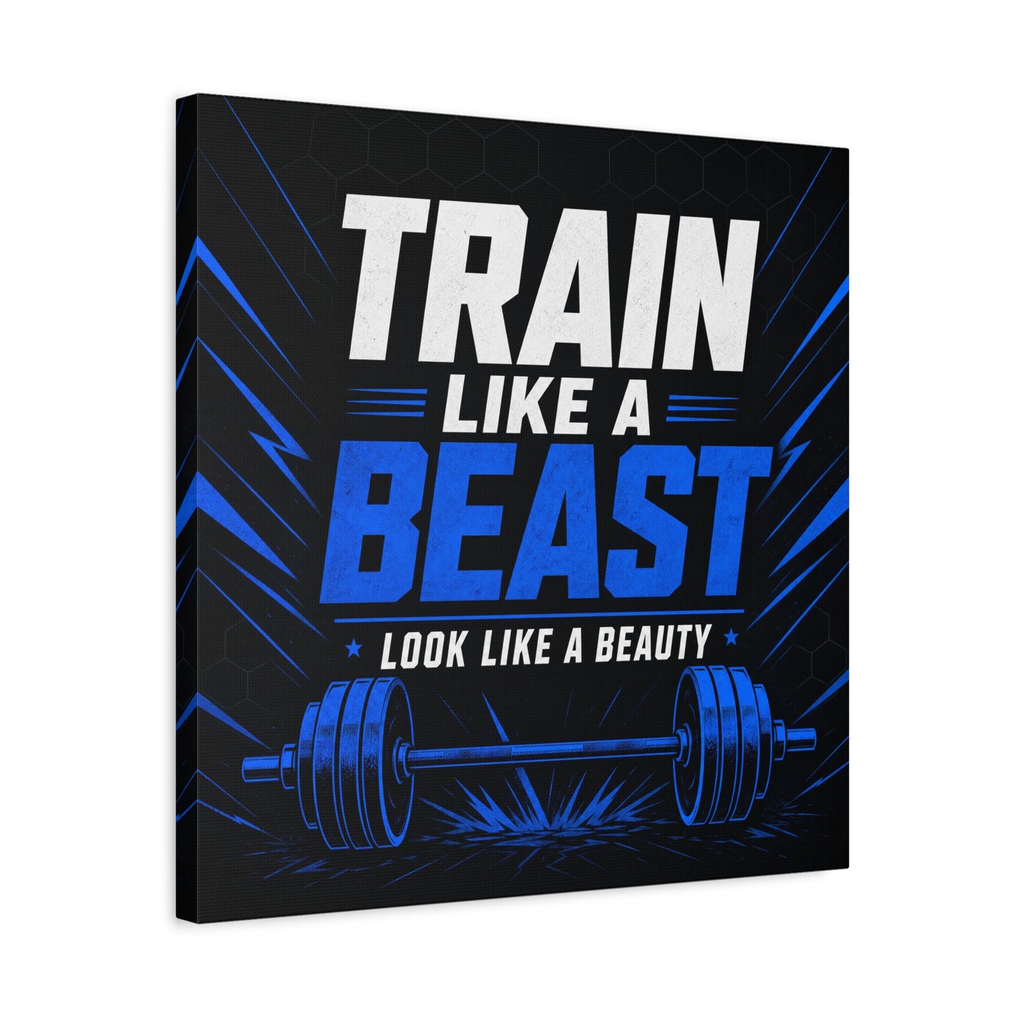 "Train Like A Beast Look Like A Beauty" Gym Canvas Wall Art - Blue Black Barbell Typography Motivational Fitness Decor - Modern Sports Quote Print - Ready to Hang - Living Room Wall Decor