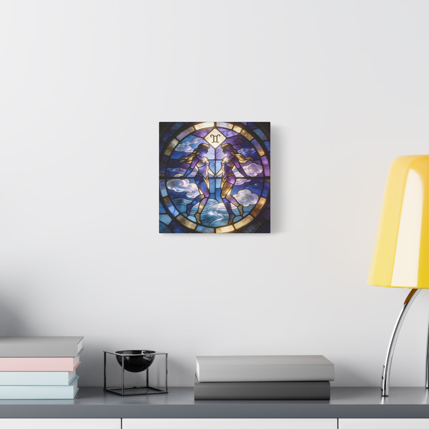 Gemini Zodiac Canvas Wall Art - Stained Glass Twin Women Celestial Print, Blue Purple Gold Astrology Decor - Modern Mystical Artwork - Bedroom Home Decoration Office Wall Art - Bedroom Home Decoration