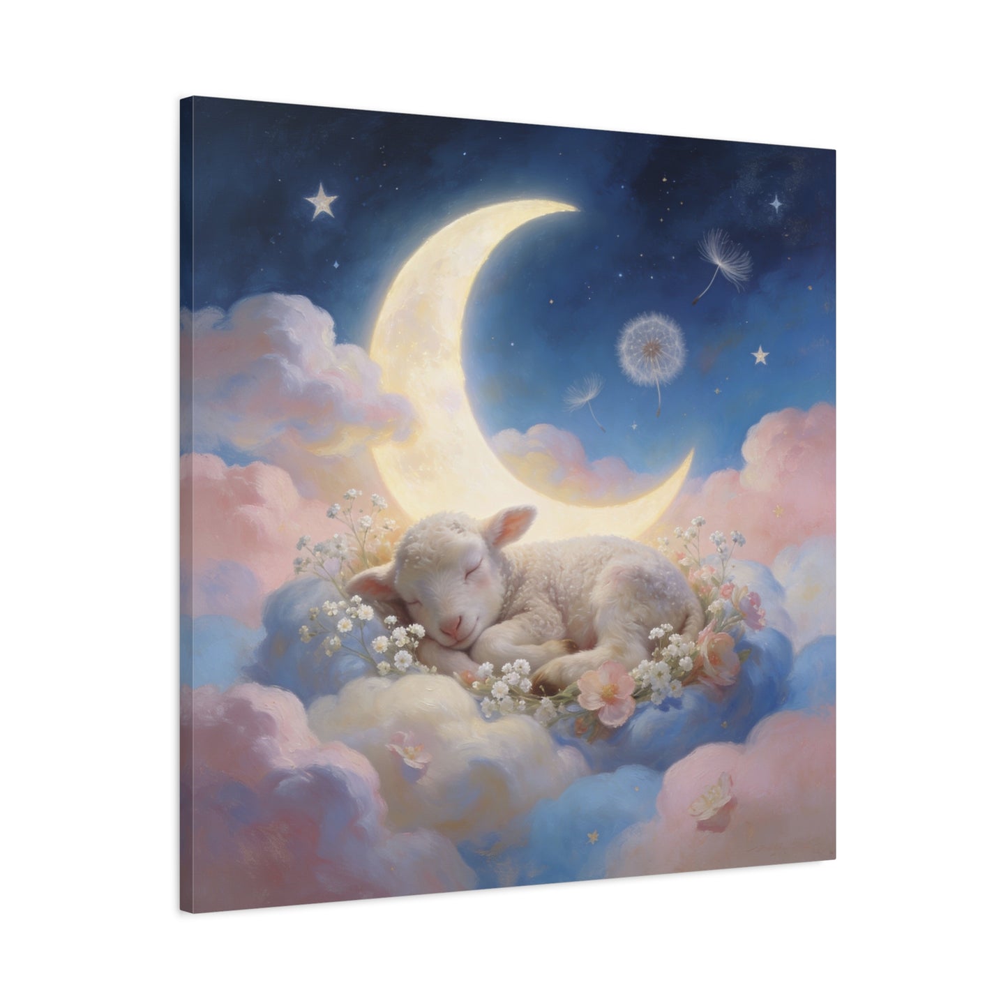 Sleeping Lamb Canvas Wall Art - Crescent Moon, Stars, Pink Clouds Nursery Decor - Dreamy Pastel Animal Painting, Bedroom Home Decoration, Bohemian Wall Hanging, Kids Room Accent - Ready to Hang