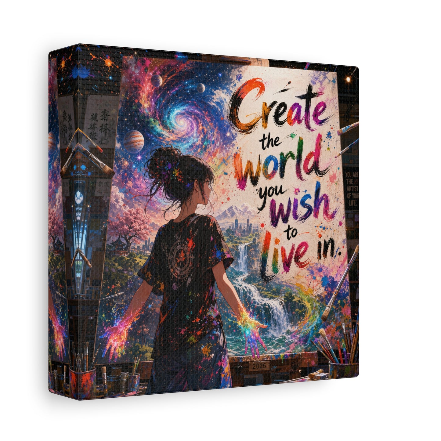 "Create The World You Wish To Live In" Inspirational Canvas Wall Art - Colorful Cosmic Artist Girl Quote Print - Modern Typography Decor - Bedroom Home Decoration, Creative Office Accent