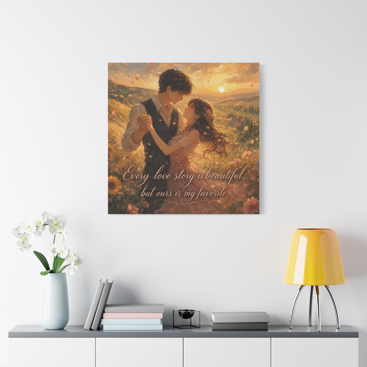 "Every Love Story Is Beautiful, But Ours Is My Favorite" Romantic Couple Canvas Wall Art - Golden Sunset Wildflower Field - Dreamy Rustic Style - Bedroom Wall Decor - Ready to Hang - Ready to Hang