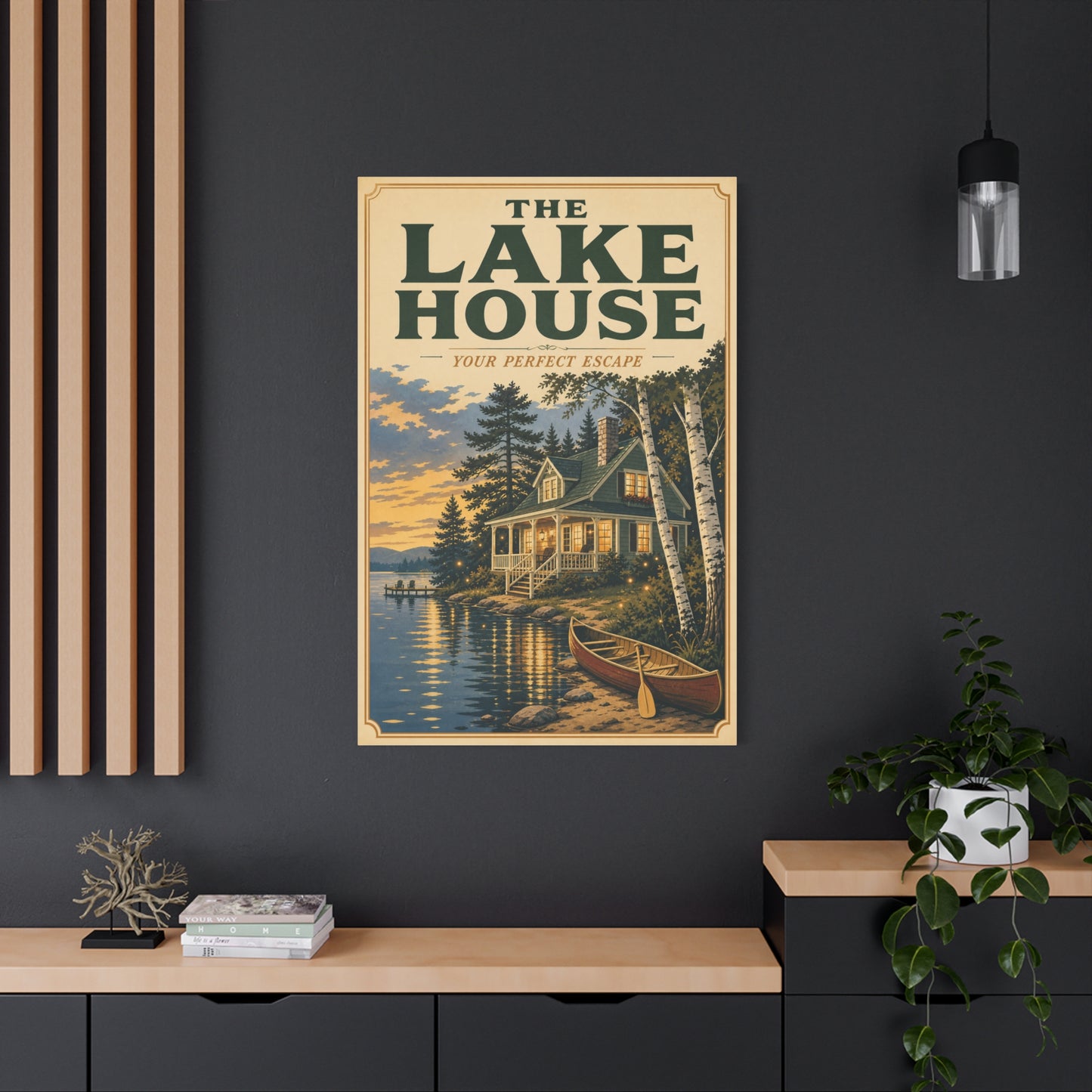"The Lake House Your ideal Escape" Canvas Wall Art - Vintage Lakeside Cabin, Canoe And Birch Trees - Rustic Landscape Print - Living Room Wall Decor, Cabin Home Decoration - Bedroom Home Decoration