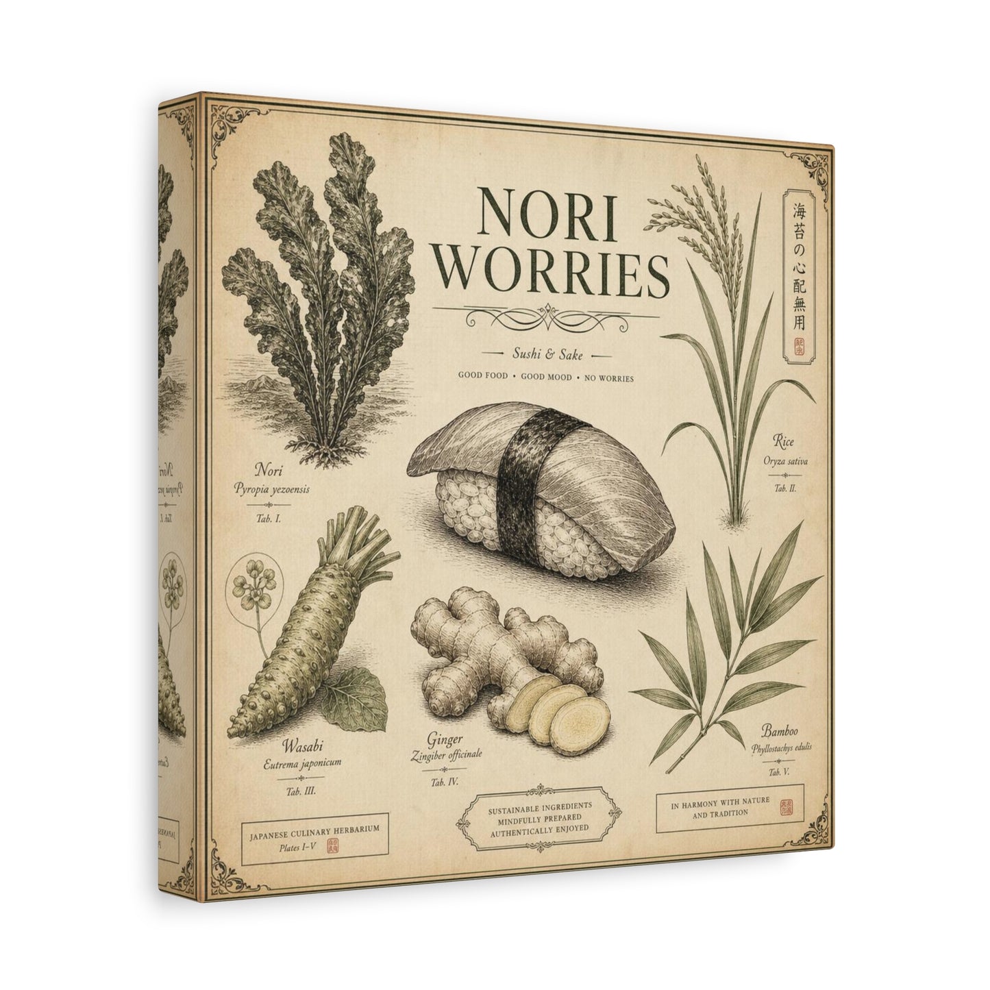 "Nori Worries" Sushi And Sake Canvas Wall Art - Vintage Japanese Culinary Herbarium Print, Rice Nori Wasabi Ginger Bamboo Illustration - Kitchen Wall Decor, Dining Room Accent - Modern Farmhouse Style