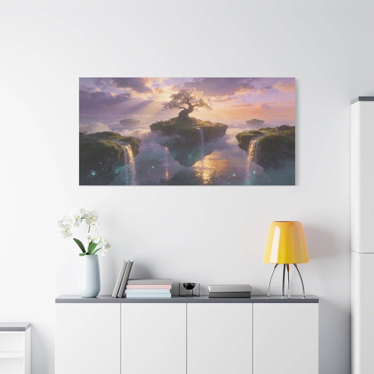 Fantasy Tree Of Life Canvas Wall Art - Floating Islands, Waterfall Dreamscape - Ethereal Cotton Print - Contemporary Zen Style - Living Room Wall Decor, Bedroom Home Decoration - Cozy Reading Nook Art