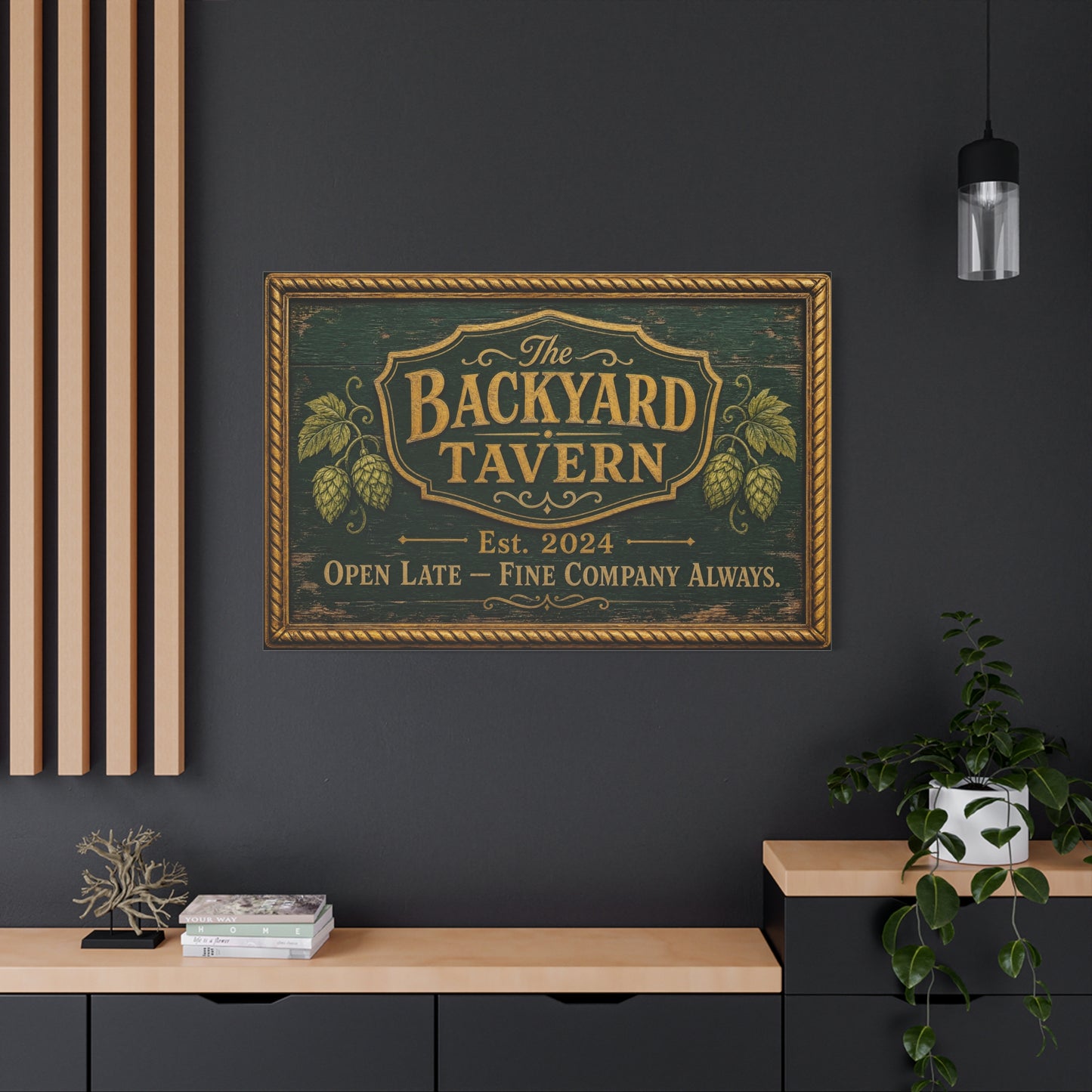 "The Backyard Tavern" Canvas Wall Art - Vintage Pub Sign, Rustic Typography Decor - Green And Gold Tavern Style Print, Bar Room Wall Decor - Ready to Hang - Ready to Hang - Speakeasy Style Sign