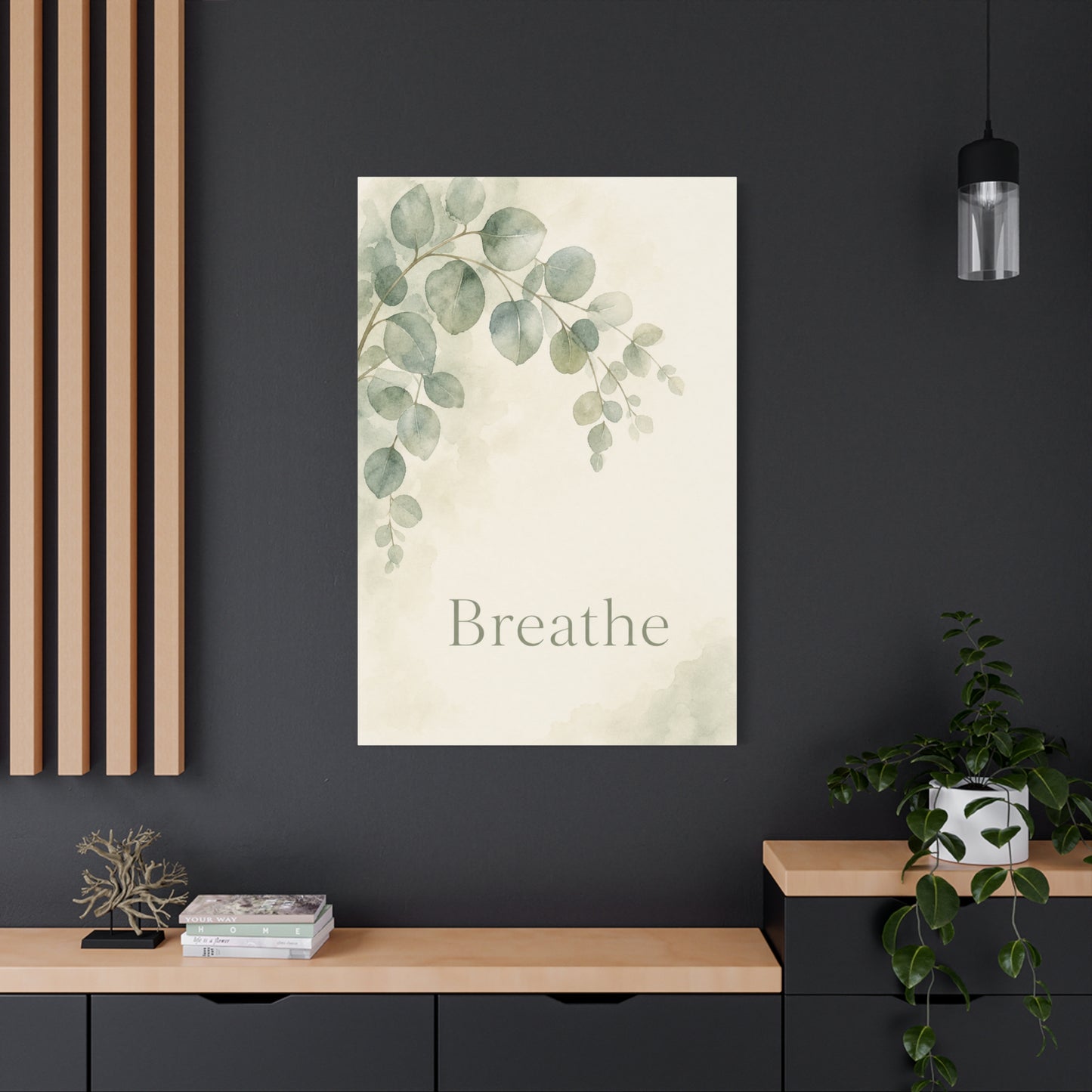 "Breathe" Botanical Canvas Wall Art - Sage Green Eucalyptus Leaves Watercolor Print - Minimalist Inspirational Wall Decor - Bedroom Home Decoration, Meditation Space Accent - Bedroom Home Decoration