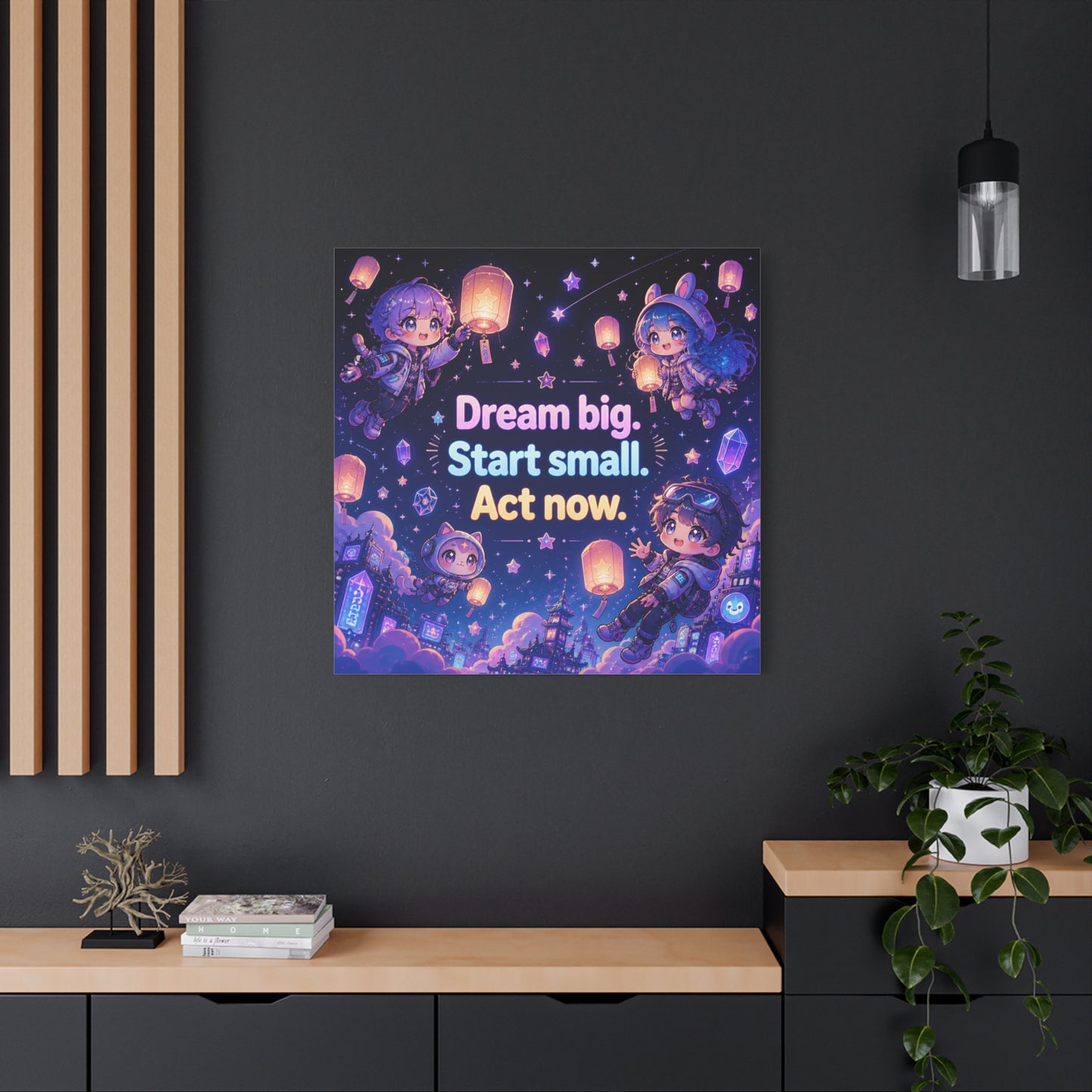 "Dream Big. Start Small. Act Now." Inspirational Canvas Wall Art - Kawaii Space Kids, Star Lantern Night Sky Quote Print - Neon Purple Blue Decor, Bedroom Home Decoration, Teen Room Accent