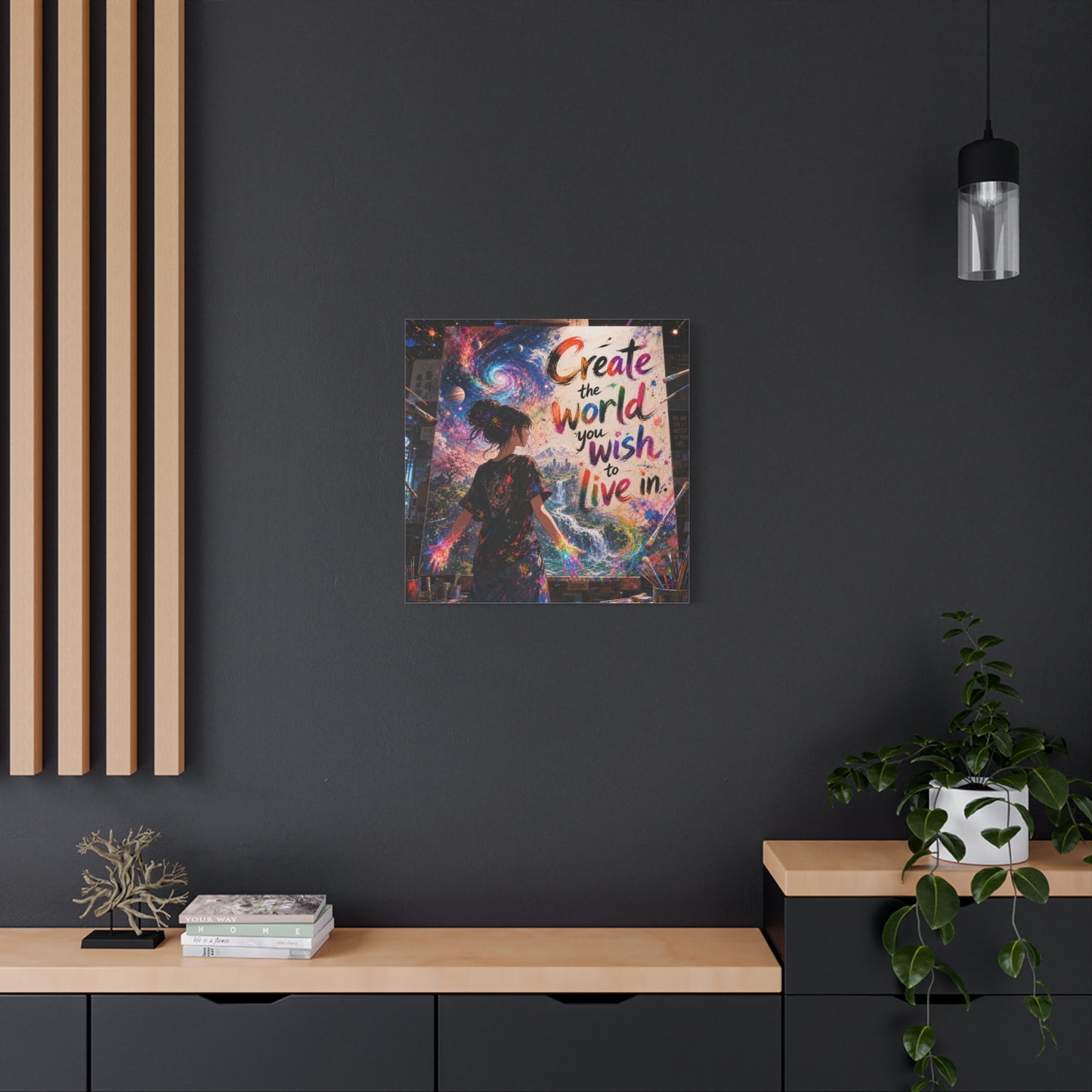 "Create The World You Wish To Live In" Inspirational Canvas Wall Art - Colorful Cosmic Artist Girl Quote Print - Modern Typography Decor - Bedroom Home Decoration, Creative Office Accent