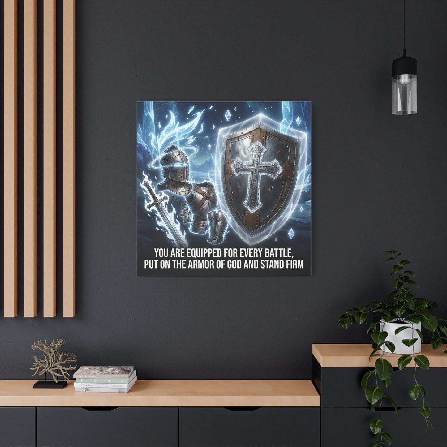 "You Are Equipped For Every Battle, Put On The Armor Of God And Stand Firm" Christian Canvas Wall Art - Knight Armor, Cross Shield, Scripture Decor - Blue Fantasy Style - Living Room - Office Wall Art