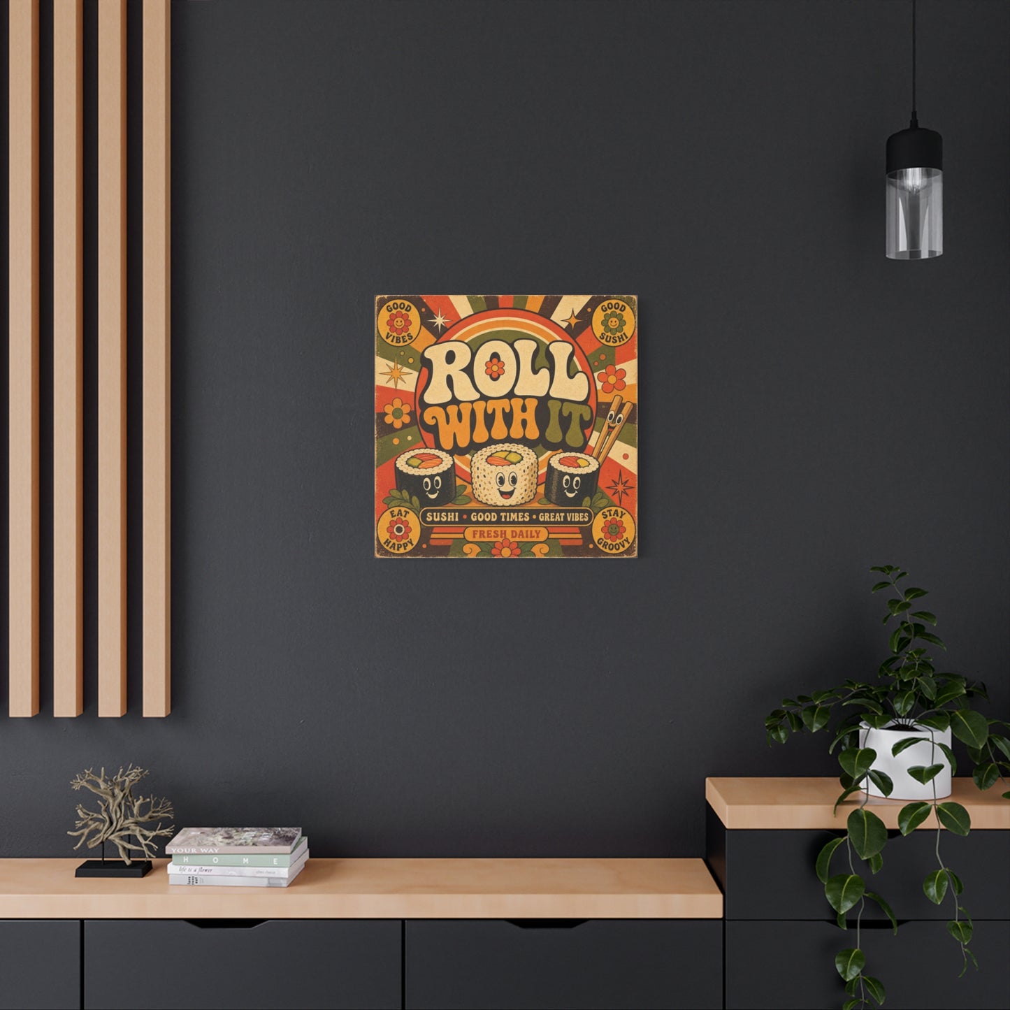 "Roll With It" Sushi Canvas Wall Art - Retro Typography Food Illustration, Groovy Orange Green Bohemian Print, Cafe Wall Decor, Kitchen Room Decoration, Vintage Poster Style - Bedroom Home Decoration
