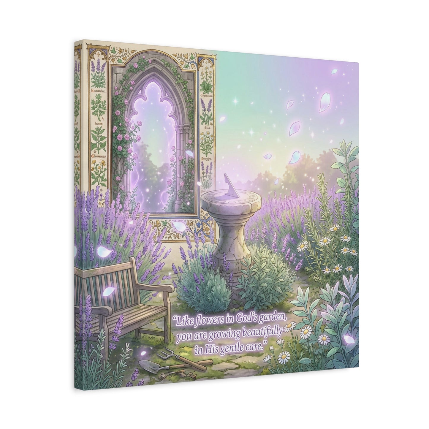 "Like Flowers In God's Garden, You Are Growing Beautifully In His Gentle Care" Canvas Wall Art - Lavender Garden Arch, Sundial Bench - Pastel Botanical Decor For Bedroom Living Room - Office Wall Art