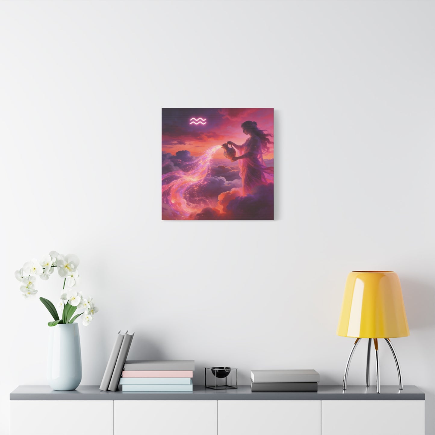 Aquarius Goddess Canvas Wall Art - Zodiac Woman Pouring Celestial Water, Fantasy Sky Illustration - Pink Purple Matte Canvas Print - Bedroom Wall Decor, Bohemian Home Accent - Bedroom Home Decoration