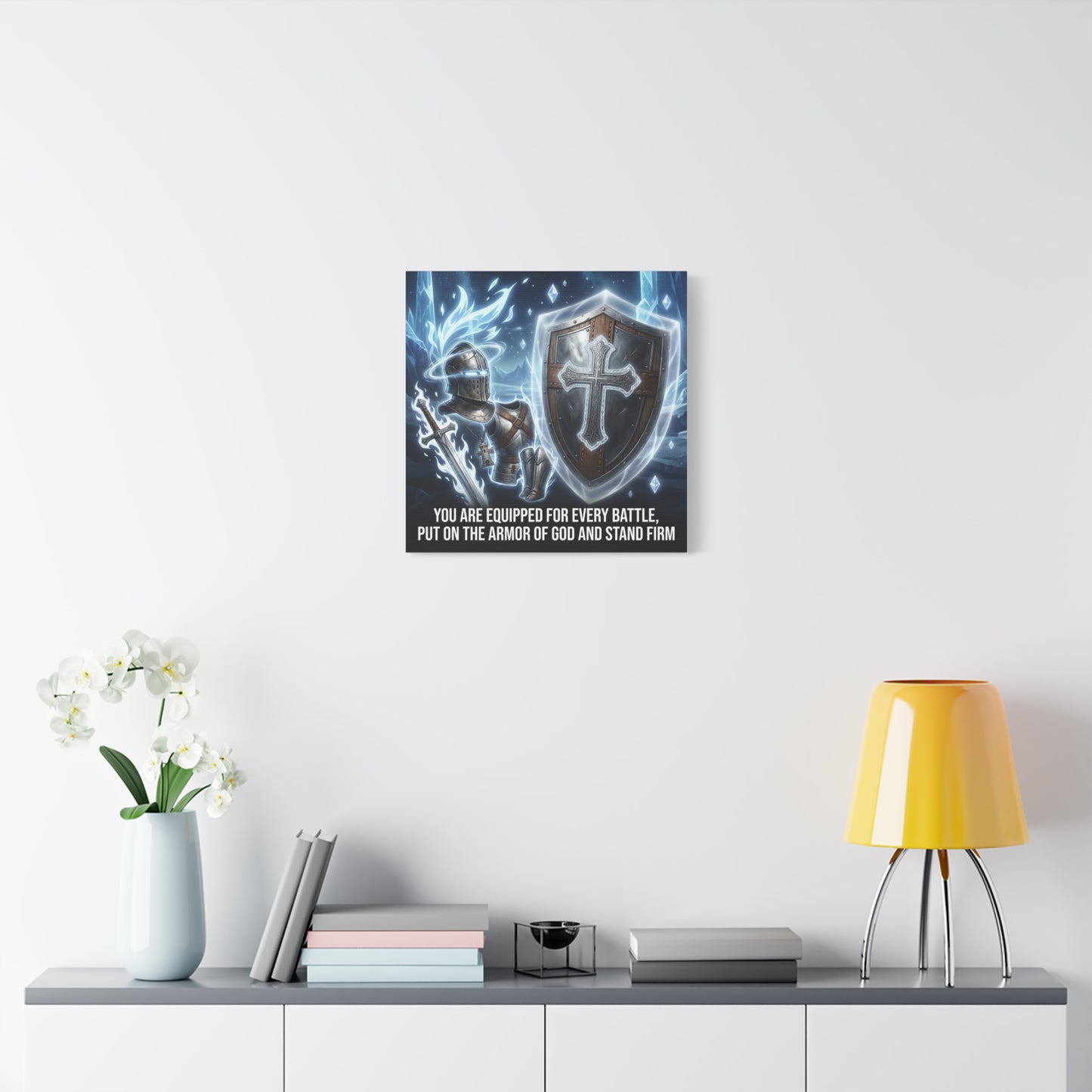 "You Are Equipped For Every Battle, Put On The Armor Of God And Stand Firm" Christian Canvas Wall Art - Knight Armor, Cross Shield, Scripture Decor - Blue Fantasy Style - Living Room - Office Wall Art