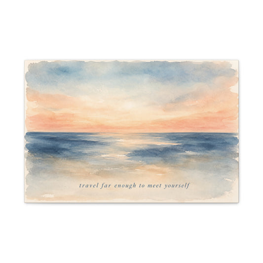 "Travel Far Enough To Meet Yourself" Coastal Canvas Wall Art - Watercolor Ocean Sunset Quote Print - Serene Beach Seascape Decor - Bedroom Living Room Wall Decor - Bedroom Home Decoration