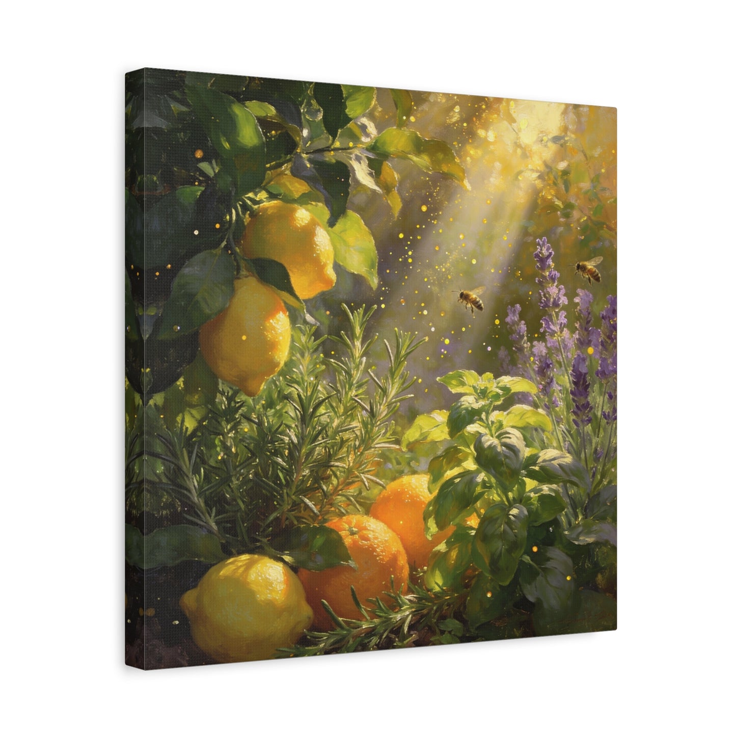 Lemon Herb Garden Canvas Wall Art - Bees, Lavender, Rosemary, Sunlit Botanical Painting - Matte Cotton Print, Rustic Farmhouse Style - Kitchen Wall Decor, Dining Room Accent - Bedroom Home Decoration