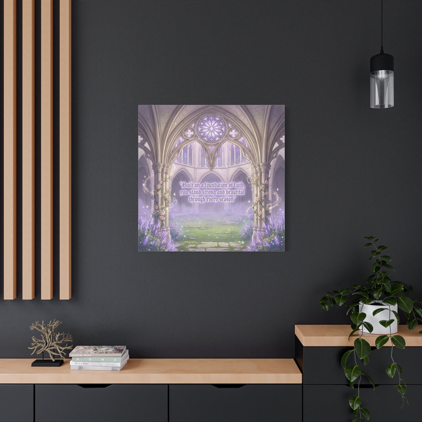 "Built On A Foundation Of Faith, You Stand Strong And Beautiful Through Every Season" Canvas Wall Art - Gothic Cathedral Arch Quote Print - Lavender Floral Decor For Bedroom Living Room
