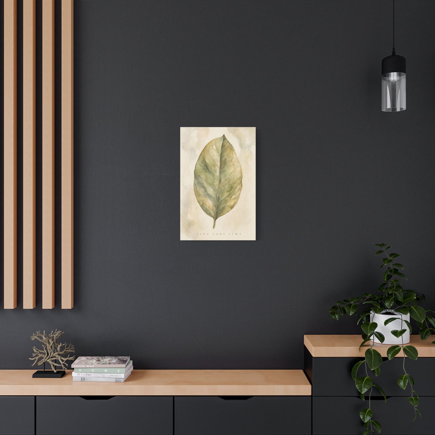 "Take Your Time" Botanical Leaf Canvas Wall Art - Watercolor Sage Green Nature Print - Minimalist Contemporary Decor - Bedroom Living Room Wall Decor - Calming Home Decoration - Modern Farmhouse Style