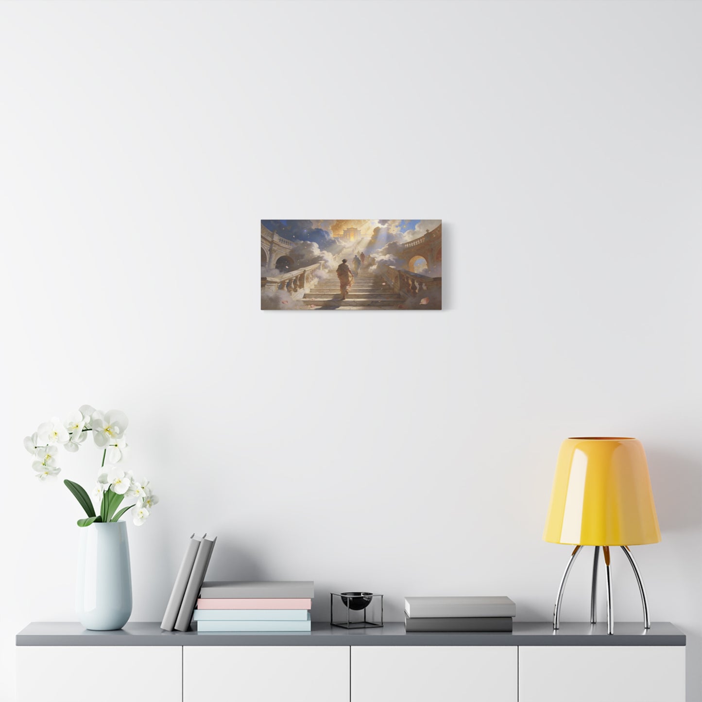 Celestial Stairway Canvas Wall Art - Figures Ascending Through Clouds, Golden Temple Light - Matte Cotton Art Print - Classical Fantasy Style - Living Room Wall Decor, Office Accent - Ready to Hang