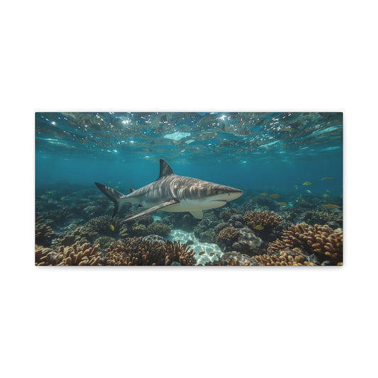 Tiger Shark Canvas Wall Art - Underwater Coral Reef Ocean Art Print, Blue Coastal Wall Decor - Matte Canvas Seascape - Living Room Home Decoration, Office Art - Bedroom Home Decoration