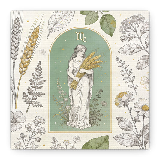 Virgo Zodiac Canvas Wall Art - Botanical Maiden Holding Wheat, Celestial Illustration - Sage Green Gold Cotton Print - Vintage Astrology Decor, Bedroom Wall Hanging Accent - Bedroom Home Decoration