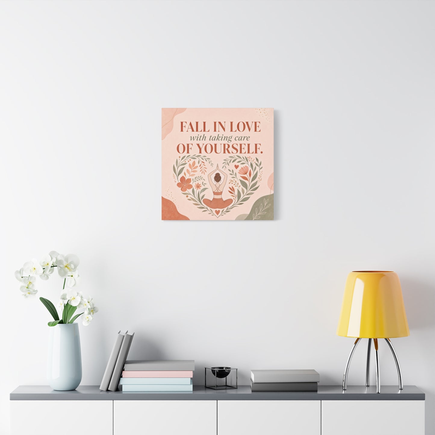 "Fall In Love With Taking Care Of Yourself." Inspirational Canvas Wall Art - Yoga Woman Floral Quote Print - Bohemian Modern Sage Blush Decor - Living Room Wall Decor - Bedroom Home Decoration