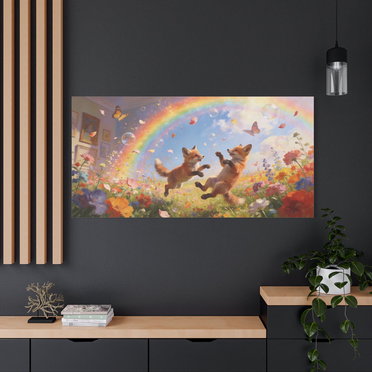 Fox Cub Canvas Wall Art - Whimsical Rainbow Meadow Painting, Butterflies And Wildflowers - Matte Canvas Print - Bohemian Nursery Wall Hanging, Bedroom Home Decoration Accent - Bedroom Home Decoration