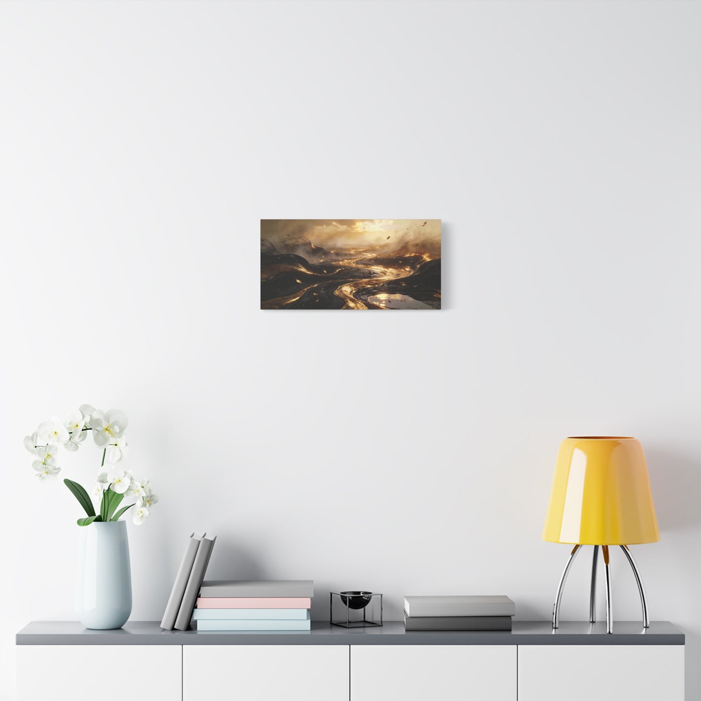 Abstract Gold River Canvas Wall Art - Luminous Flowing Landscape, capiz shells wall decor - Matte Cotton Print, Contemporary Style - Living Room Wall Decor, Bedroom Home Decoration - Ready to Hang