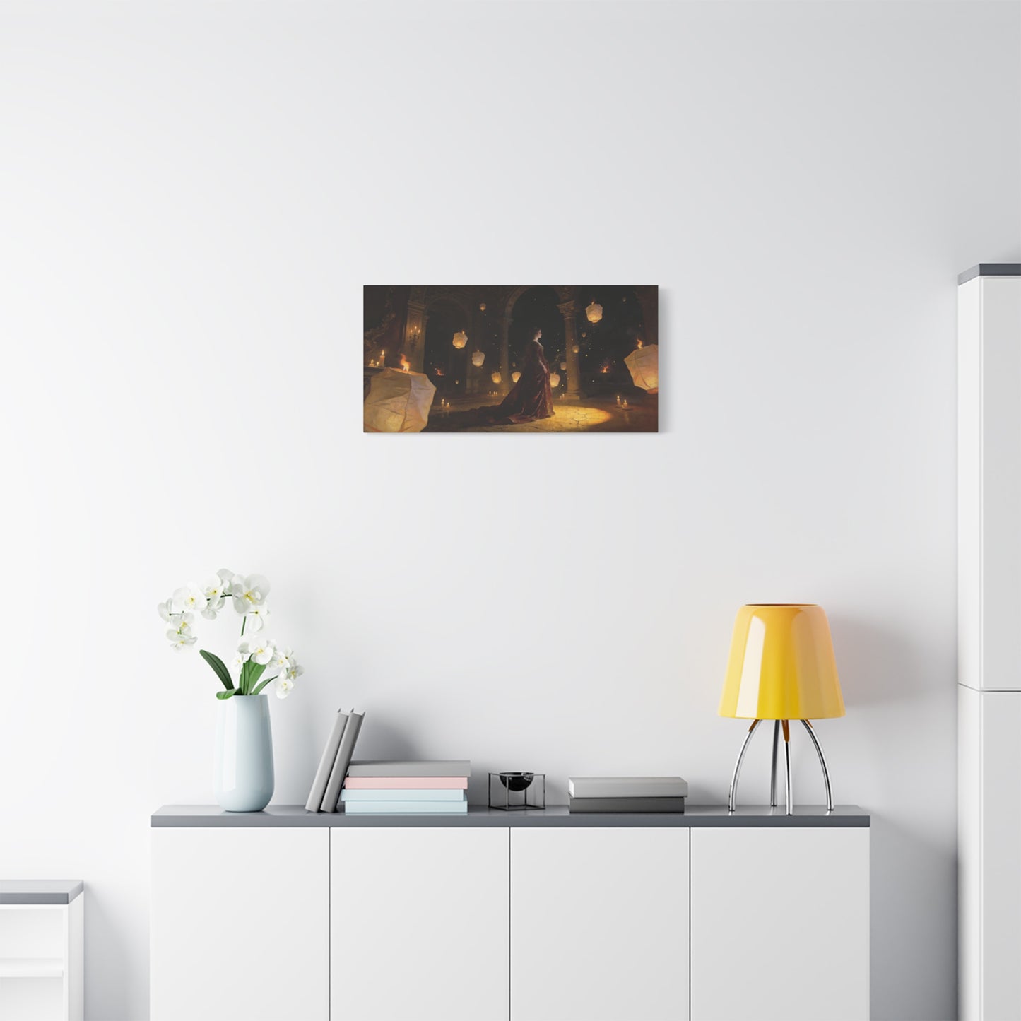 Woman In Candlelit Palace Canvas Wall Art - Floating Lantern Fantasy Scene, Dark Romantic Matte Canvas Print - Traditional Style, Living Room Wall Decor, Bedroom Home Accent - Bedroom Home Decoration