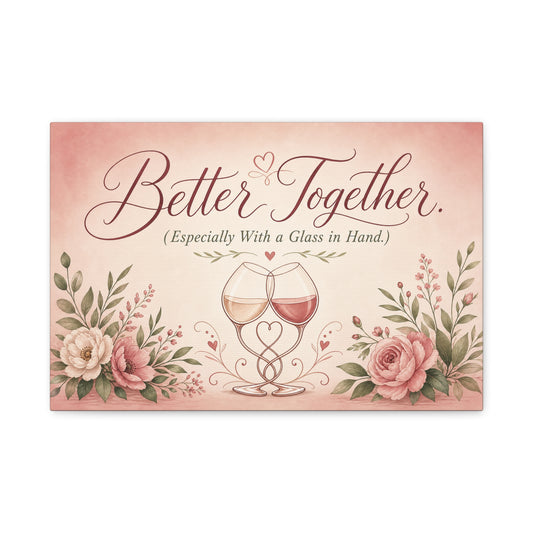 "Better Together. (Especially With a Glass in Hand.)" Canvas Wall Art - Romantic Wine Glass Quote Print, Pink Floral Typography Decor, Bedroom Wall Hanging - Bedroom Home Decoration - Ready to Hang
