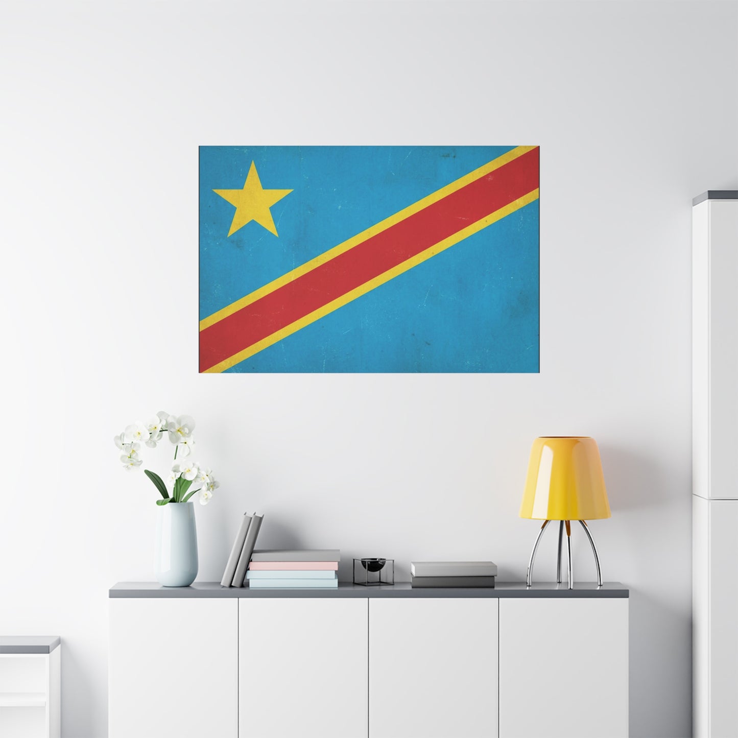 Democratic Republic Of The Congo Flag Canvas Wall Art - Vintage Patriotic Country Print, Distressed Blue Red Yellow Design - Cultural Pride Decor - Living Room Bedroom Office Accent - Office Wall Art