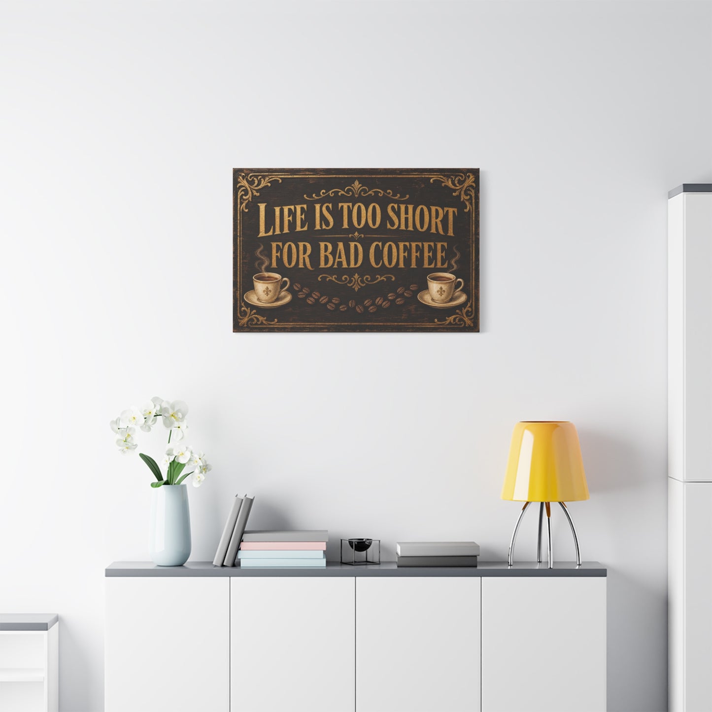 "Life Is Too Short For Bad Coffee" Canvas Wall Art - Vintage Coffee Quote Decor, Rustic Brown Typography Print, Farmhouse Cafe Wall Hanging - Ready to Hang - Bistro Decor - Espresso Bar Sign