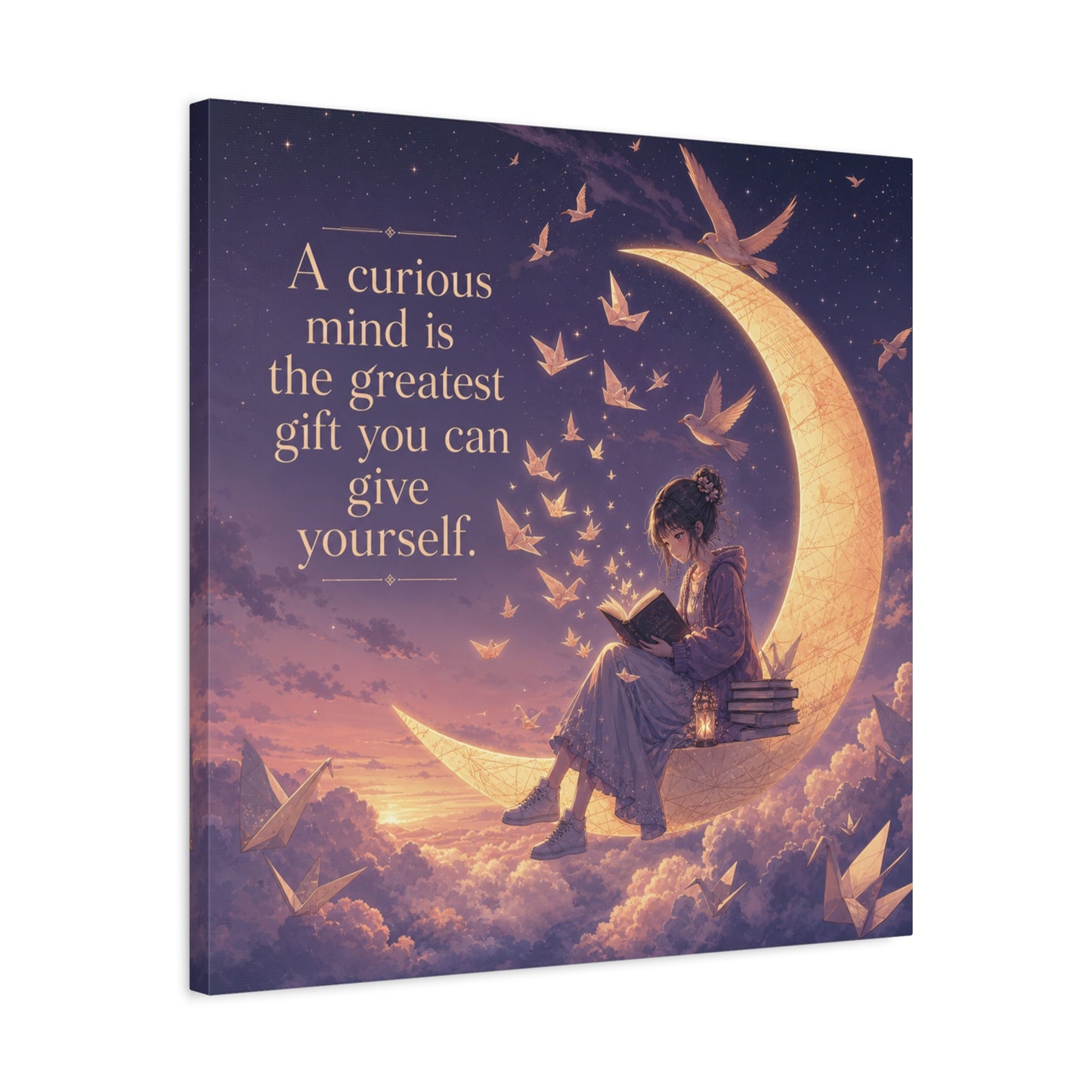 "A Curious Mind Is The Greatest You Can Give Yourself" Canvas Wall Art - Moon Reading Girl Quote Print, Dreamy Celestial Illustration - Bedroom Wall Decor, Home Office Accent - Ready to Hang