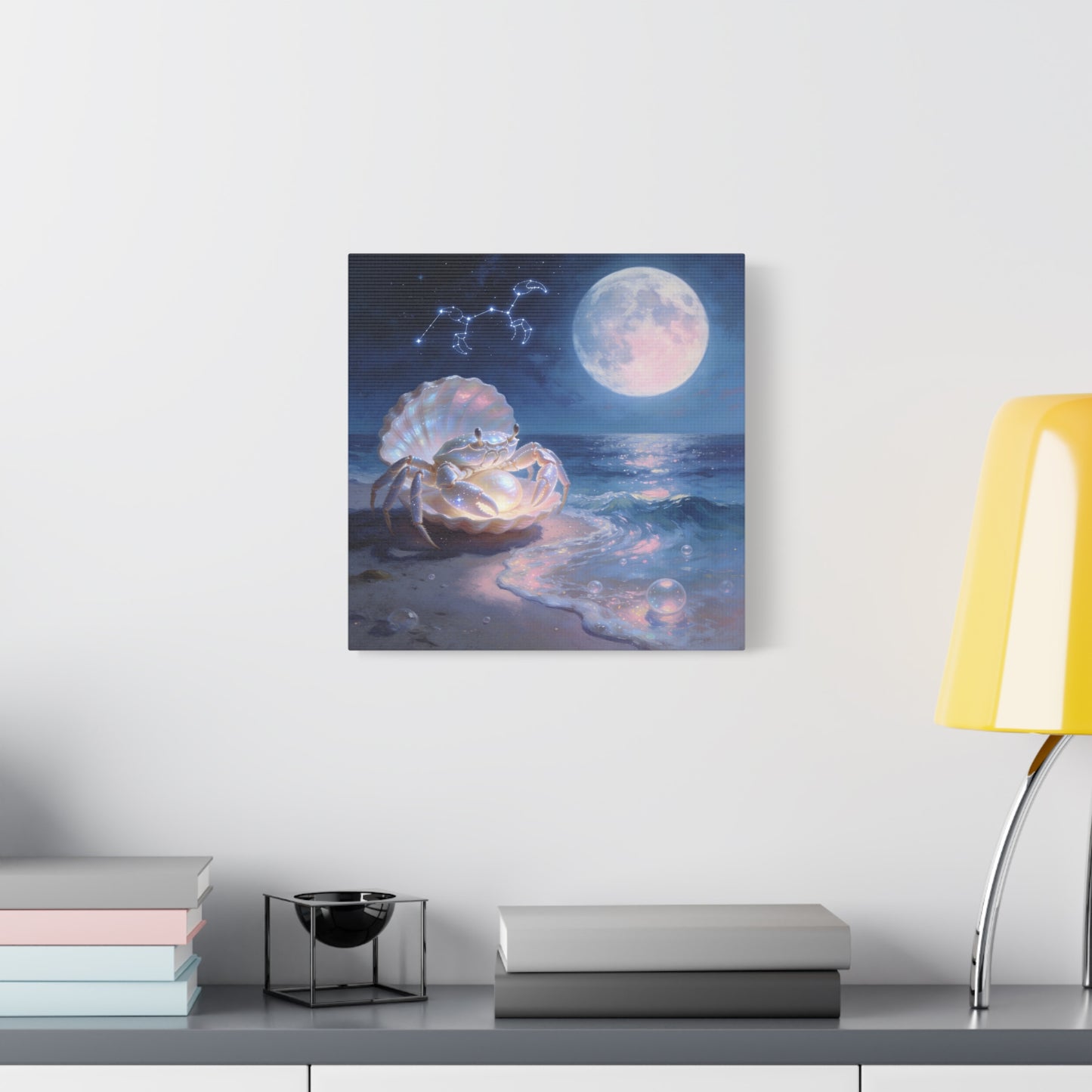 Moonlit Crab Canvas Wall Art - Zodiac Cancer Seascape, Pearl Shell Ocean Night Decor - Dreamy Coastal Illustration, capiz shells wall decor, Bedroom Home Decoration - Bedroom Home Decoration