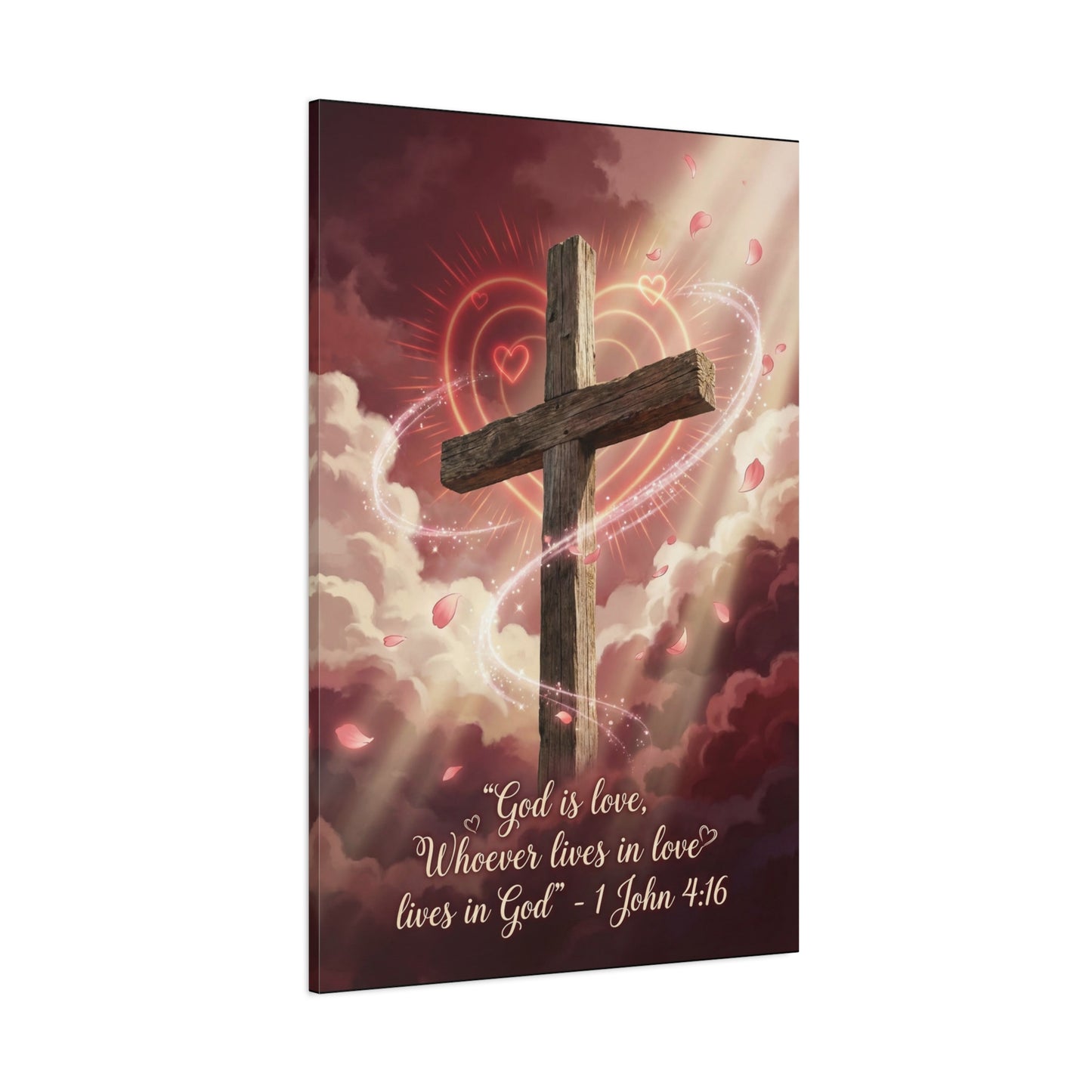 "God Is Love, Whoever Lives In Love Lives In God" Cross Canvas Wall Art - 1 John 4:16 Scripture Print, Romantic Christian Decor, Traditional Bedroom Wall Decor - Bedroom Home Decoration