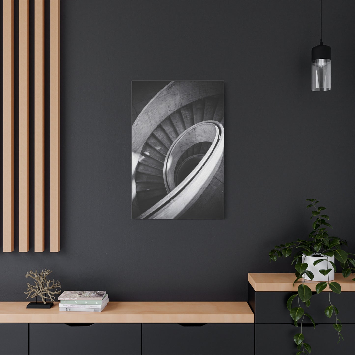Black And White Spiral Staircase Canvas Wall Art - Architectural Art Print, Minimalist Modern Decor - Matte Cotton Canvas - Living Room Wall Decor, Home Office Accent - Bedroom Home Decoration
