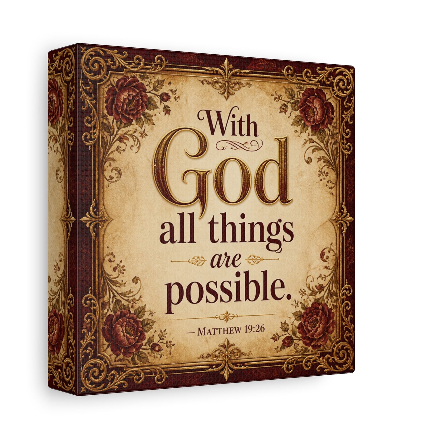 "With God All Things Are Possible. - Matthew 19:26" Christian Canvas Wall Art - Vintage Floral Scripture Print, Traditional Inspirational Decor, Living Room Bedroom Wall Hanging - Ready to Hang