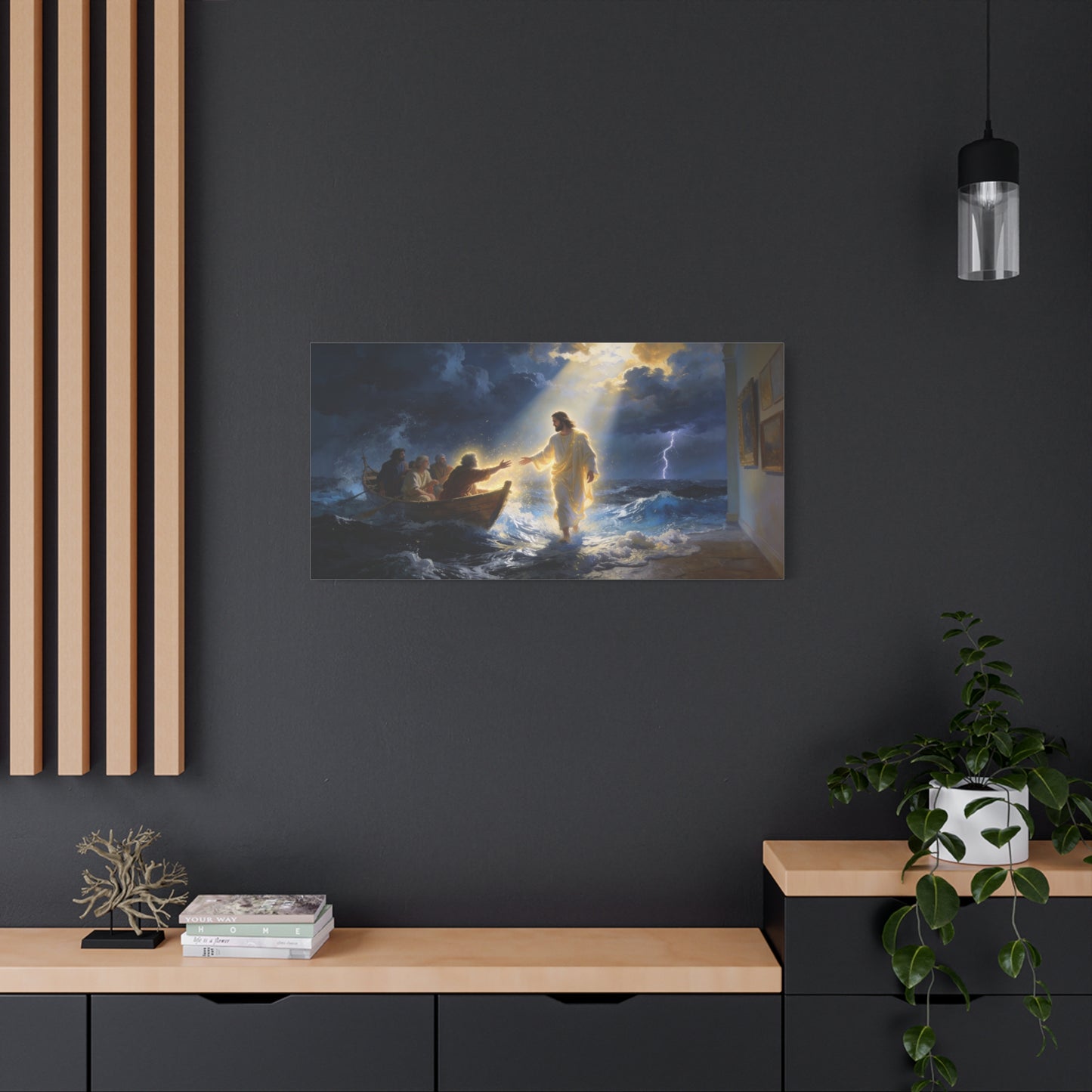 Jesus Christ Walking On Water Canvas Wall Art - Storm Sea Disciples Boat, Religious Christian Decor - Luminous Matte Canvas Print - Traditional Style, Living Room Wall Decor - Bedroom Home Decoration