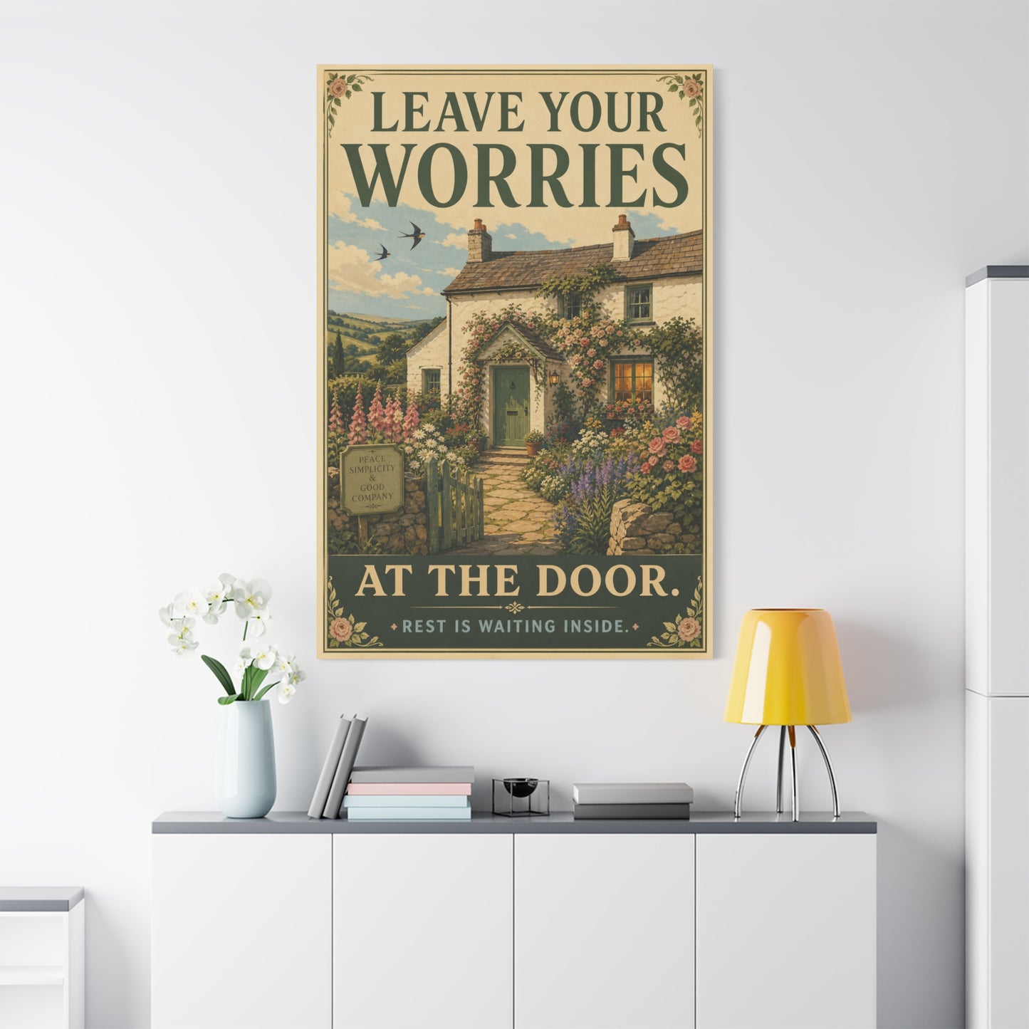 "Leave Your Worries At The Door. Rest Is Waiting Inside." Canvas Wall Art - Vintage Cottage Garden Quote Print, Floral Farmhouse Style, Bedroom Home Decoration, Entryway Decor - Living Room Wall Decor